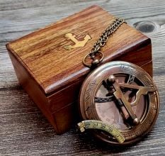 Vintage Style Brass Compass with Wooden Display Box